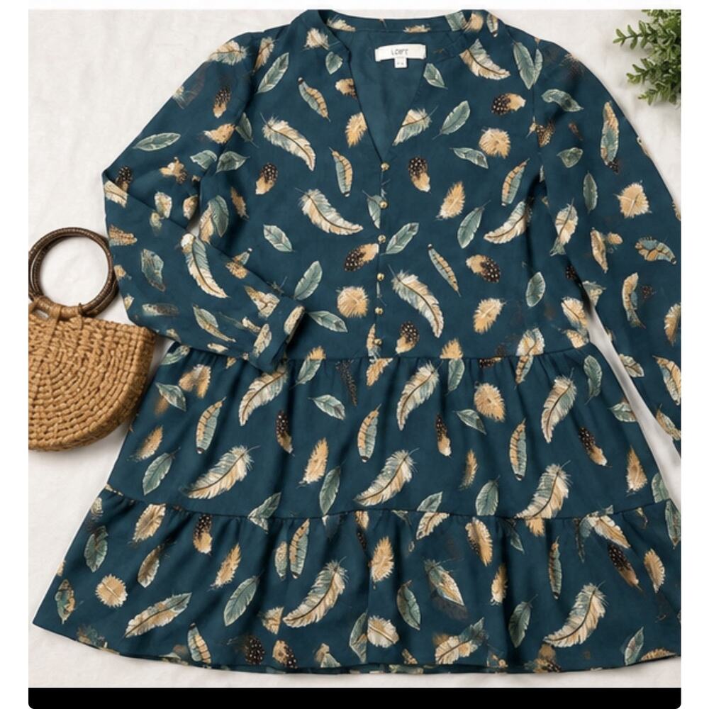 LOFT Womens Medium Teal Feather Print Tiered Dress Boho Long Sleeve Casual